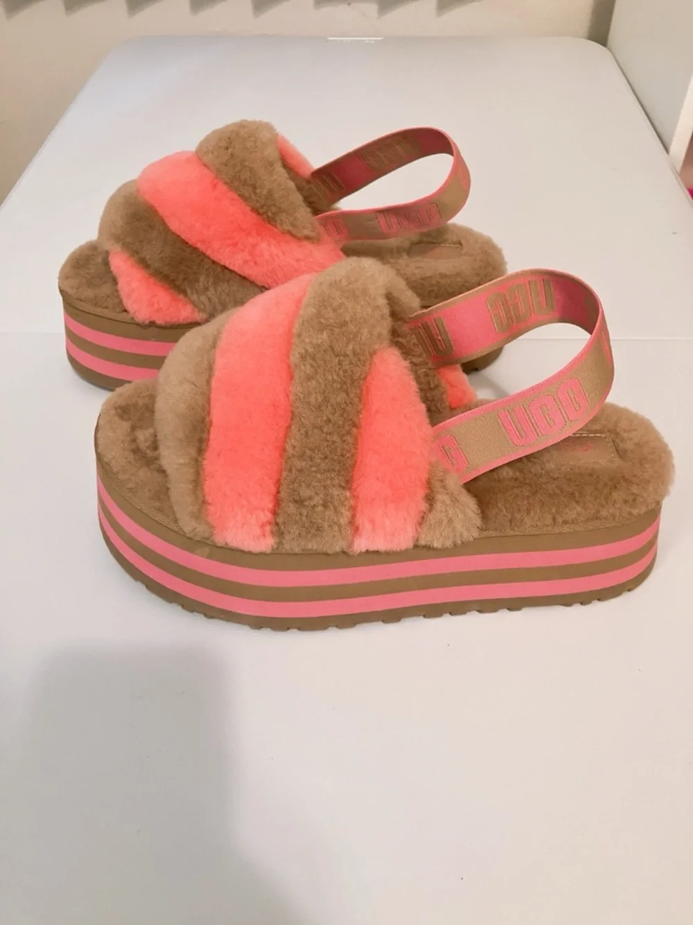 NEW! UGG Disco Striped Platform Slides Slippers Chestnut Pink Rose Size 9/10 - Picture 4 of 14